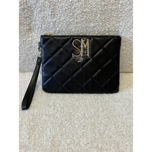 STEVE MADDEN DIAMOND QUILT POUCH BLACK FAUX LEATHER W GOLD TRIM-10in-7in-NWT